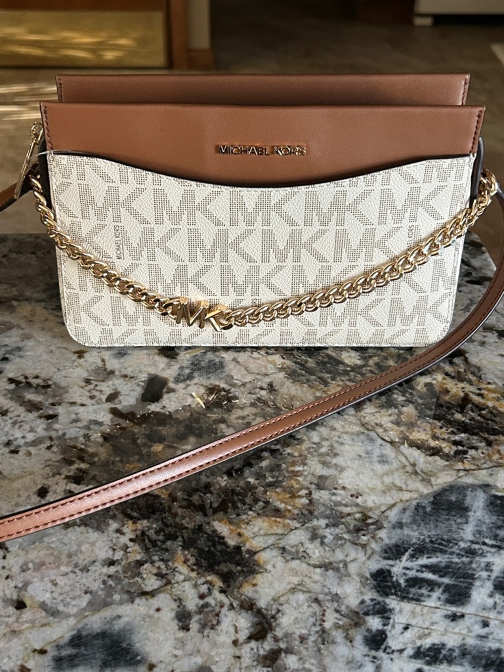 Michael Kors Cream & Brown Logo Chain Crossbody Bag